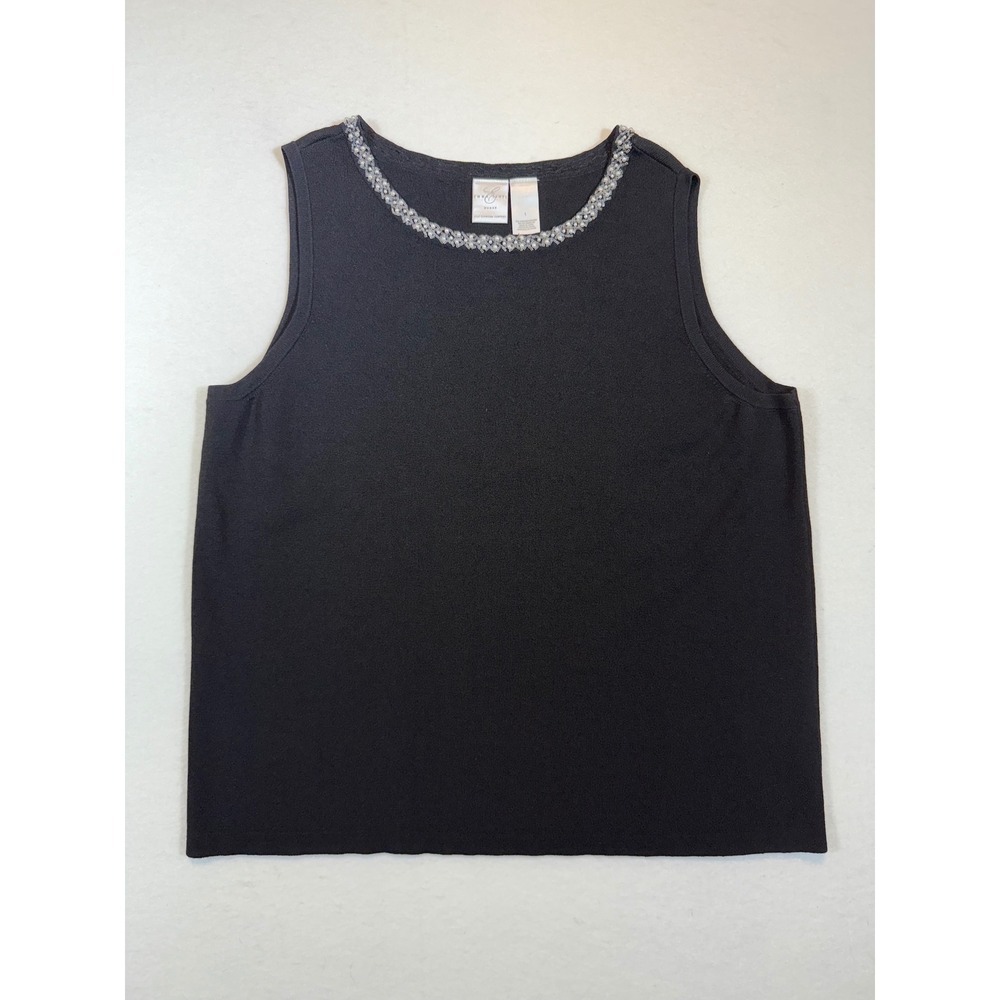 Emma James Black Sleeveless Tank Top Beaded Neckline Elegant Casual Womens